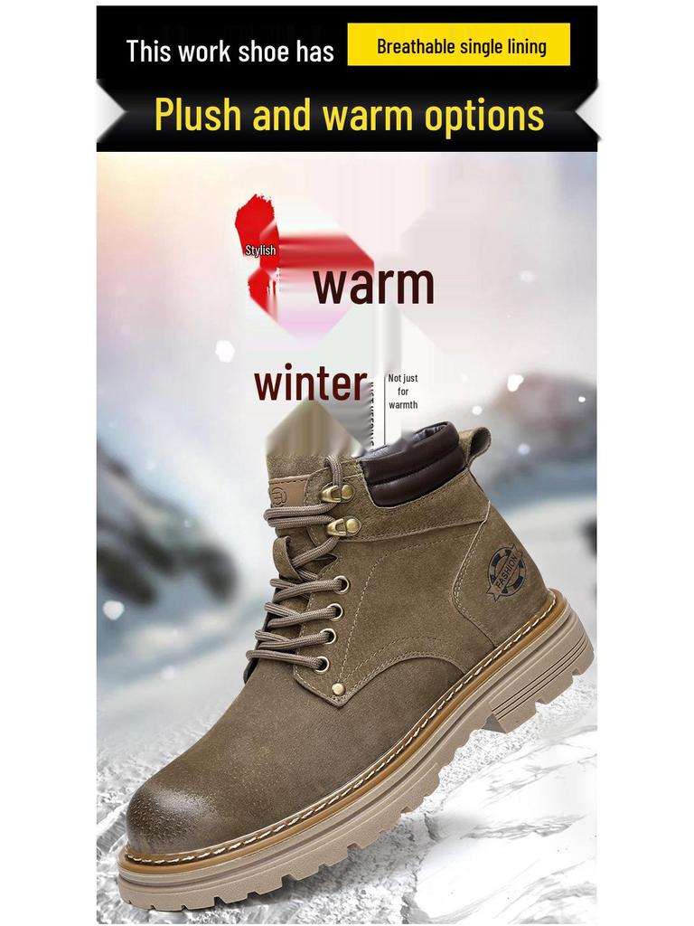 Men's High-Top Warm Genuine Leather Martin Boots - Yellow, Casual Outdoor Hiking & British Work Style for Autumn/Winter