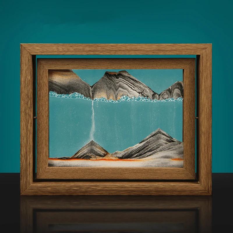 Moving Sand Art 3D Sandscape Quicksand Painting Liquid Hourglass Rotatable Wooden Frame Flowing Sand Home Decor Christmas Gift