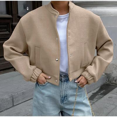 Khakifarbener kurzer Wollmantel Hochtaillierter Stehkragen Locker Fliegerjacke Verdickt Warm Pendler-Oberbekleidung Neue Mode Herbst und Winter