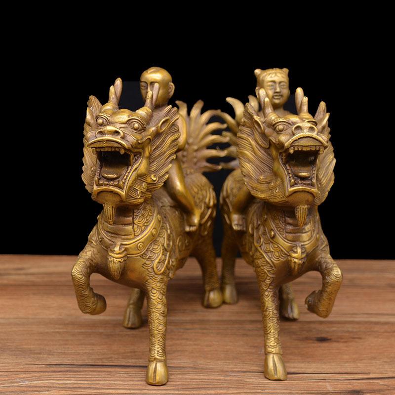 Feng Shui Copper Kirin, Golden Boy and Jade Girl, Bronze Craft Home Living Ornament
