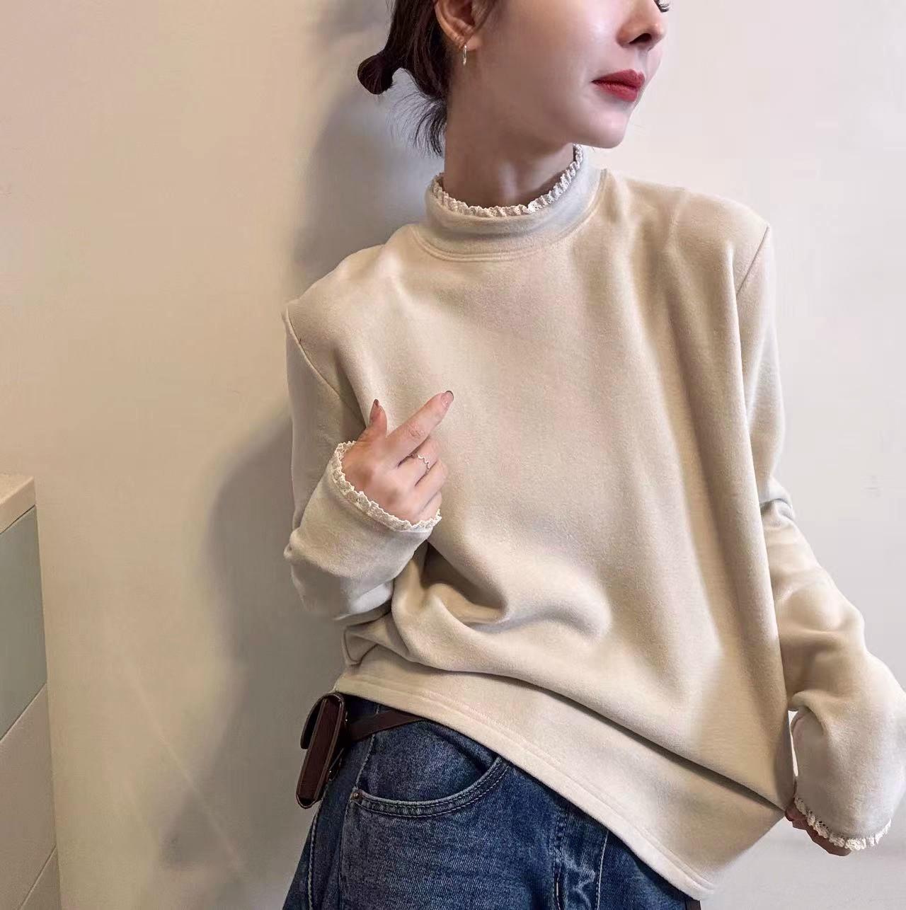 Women s Lace Collar Velvet Base Layer T-Shirt - 2025 Style, Long Sleeve, Half-High Collar 2XL