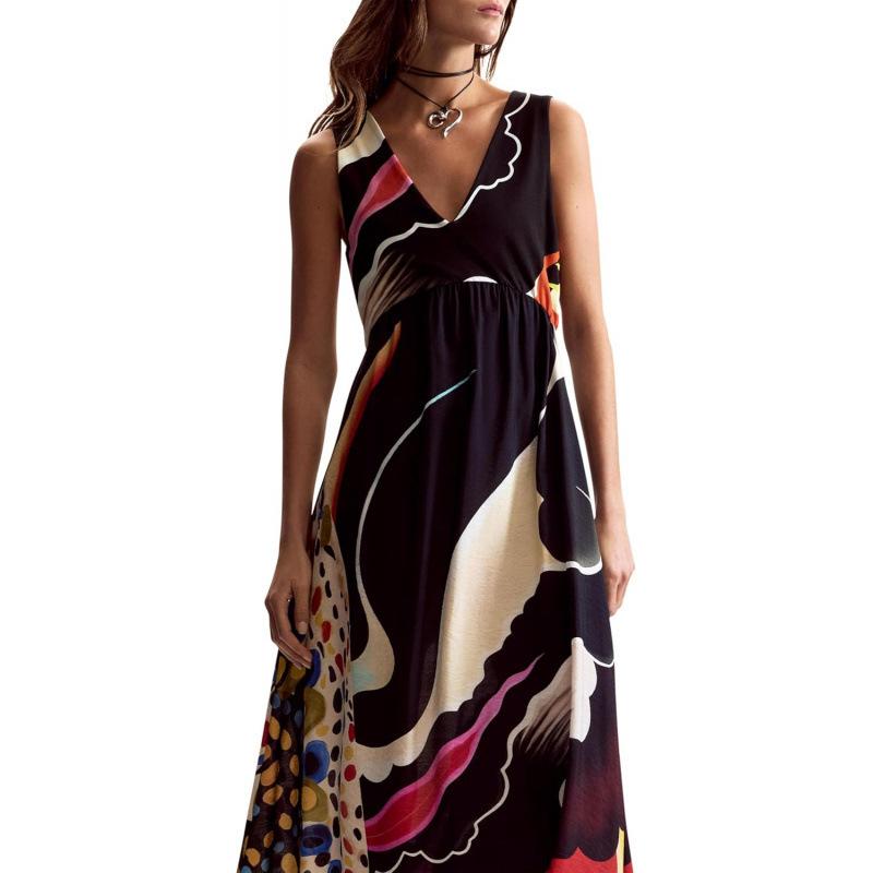European and American black V-neck fashion dress women s 2026 summer new fashion temperament skirt women S чёрный