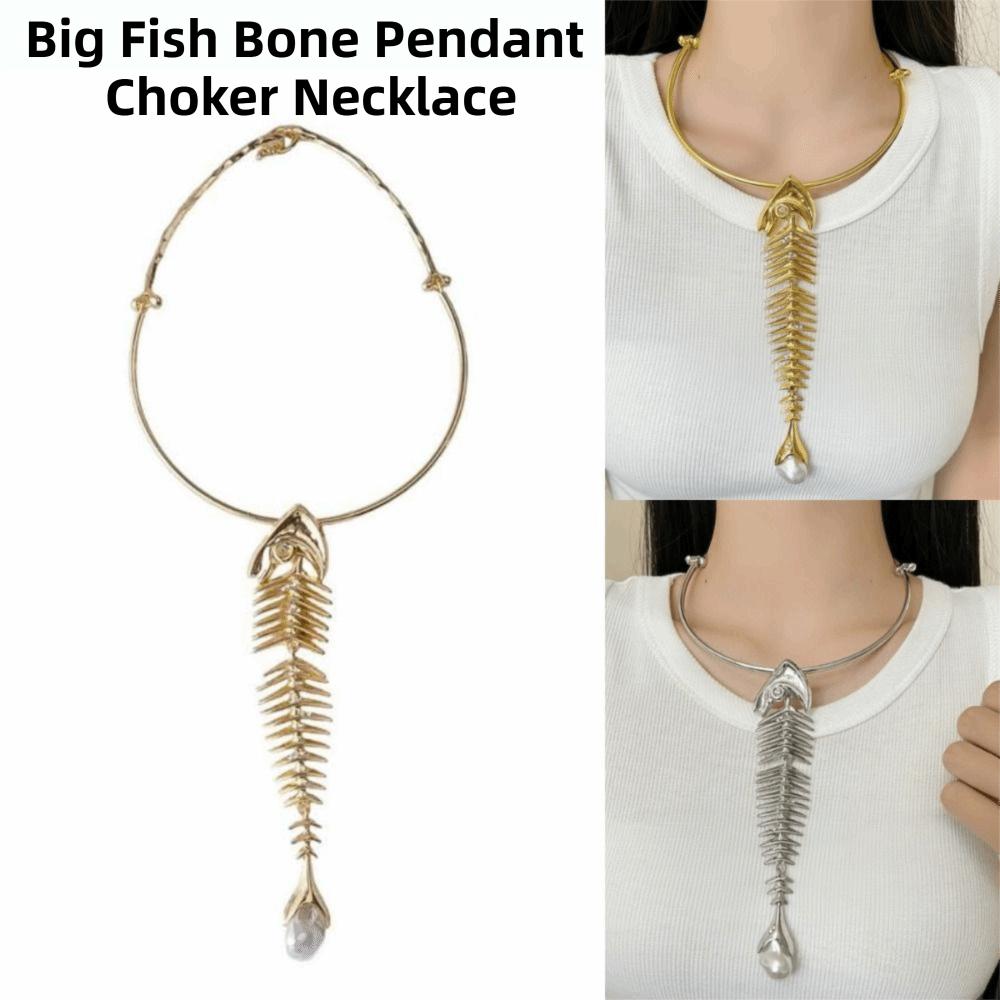 Zinc Zinc Alloy Fashion Exaggerated Necklace Rhinestone Fish Bone Neck Chain For Women