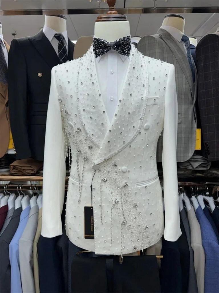 Crystals Beading White Men Suit Set 2 Piece Blazer+Black Pant Trousers Formal Office Jacket Groom Wedding Tuxedo Coat