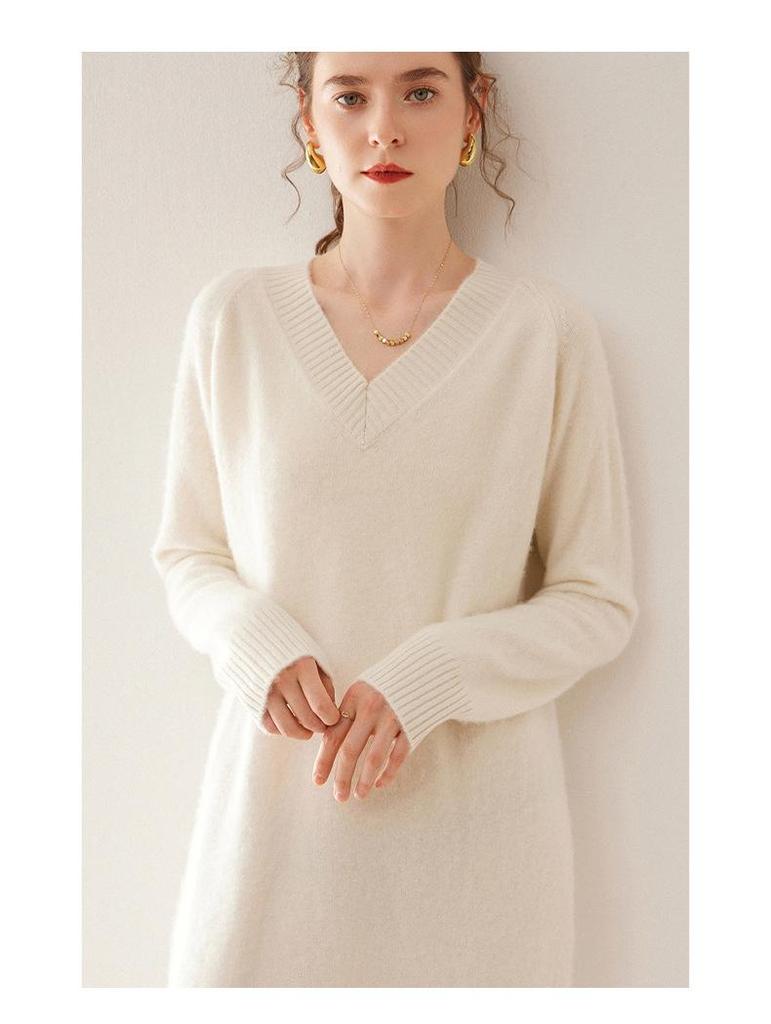 2024 Autumn Winter Women's V-Neck Cashmere Long Sleeve Sweater and Mid-Length Wool Skirt Set