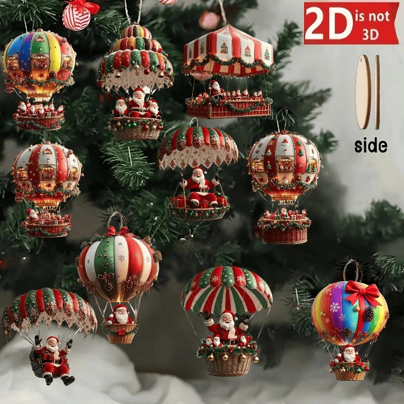 New Year 10Pcs Christmas Wooden Hot Air Balloon Santa Claus 2D Flat Wooden Pendant Christmas Tree Decor Perfect Gift Decor 2026
