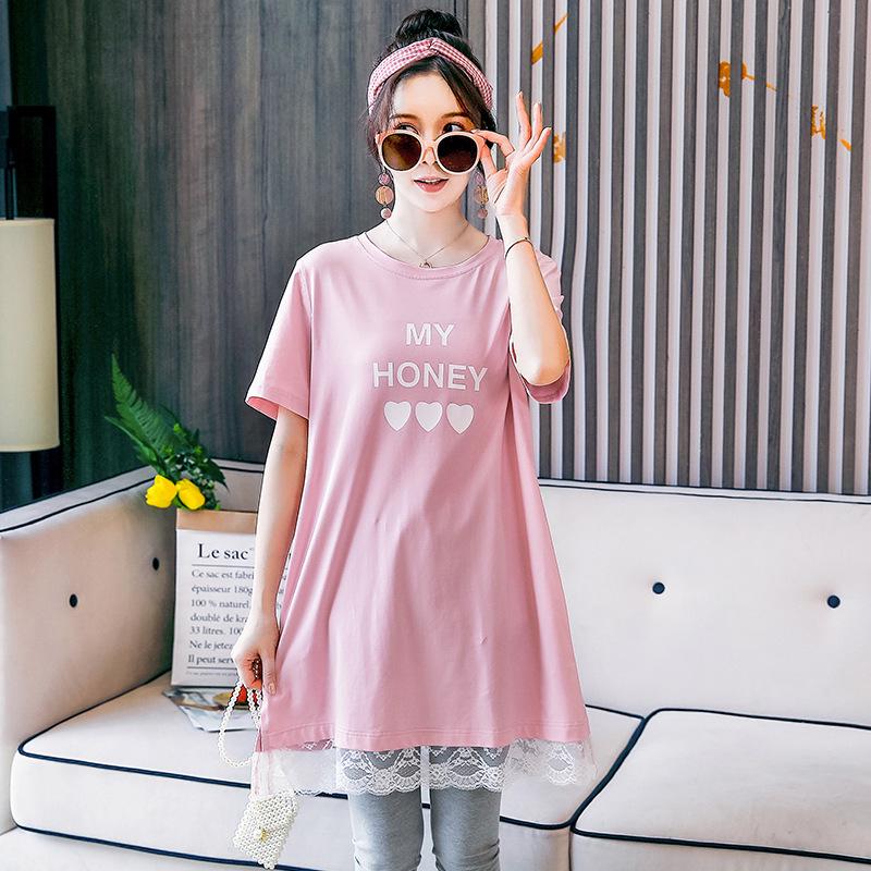 

Платье-футболка для беременных с кружевным подолом - весна/лето 2025, корейский стиль, свободный крой, средняя длина L (100-120 jin) розовый