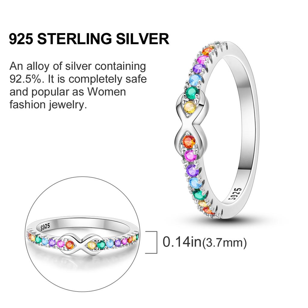 Orstarry S925 Silver Rainbow Colored Infinite Closed Ring For Women Finger Ring Personality Jewelry Party Trendy Gifts