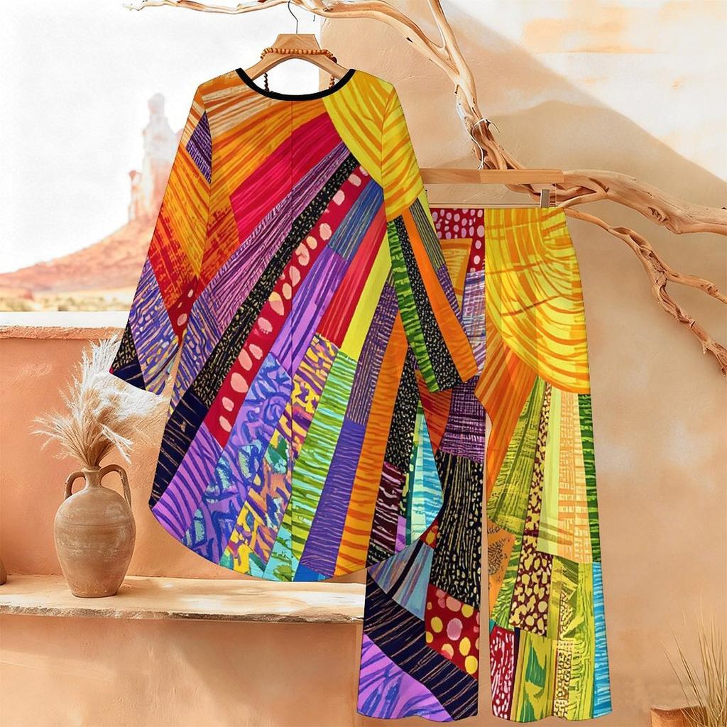 Ombre Print Two Piece Outfit Women Long Sleeve Irregular Hem Tunic Top Wide Leg Pants Casual Matching Set