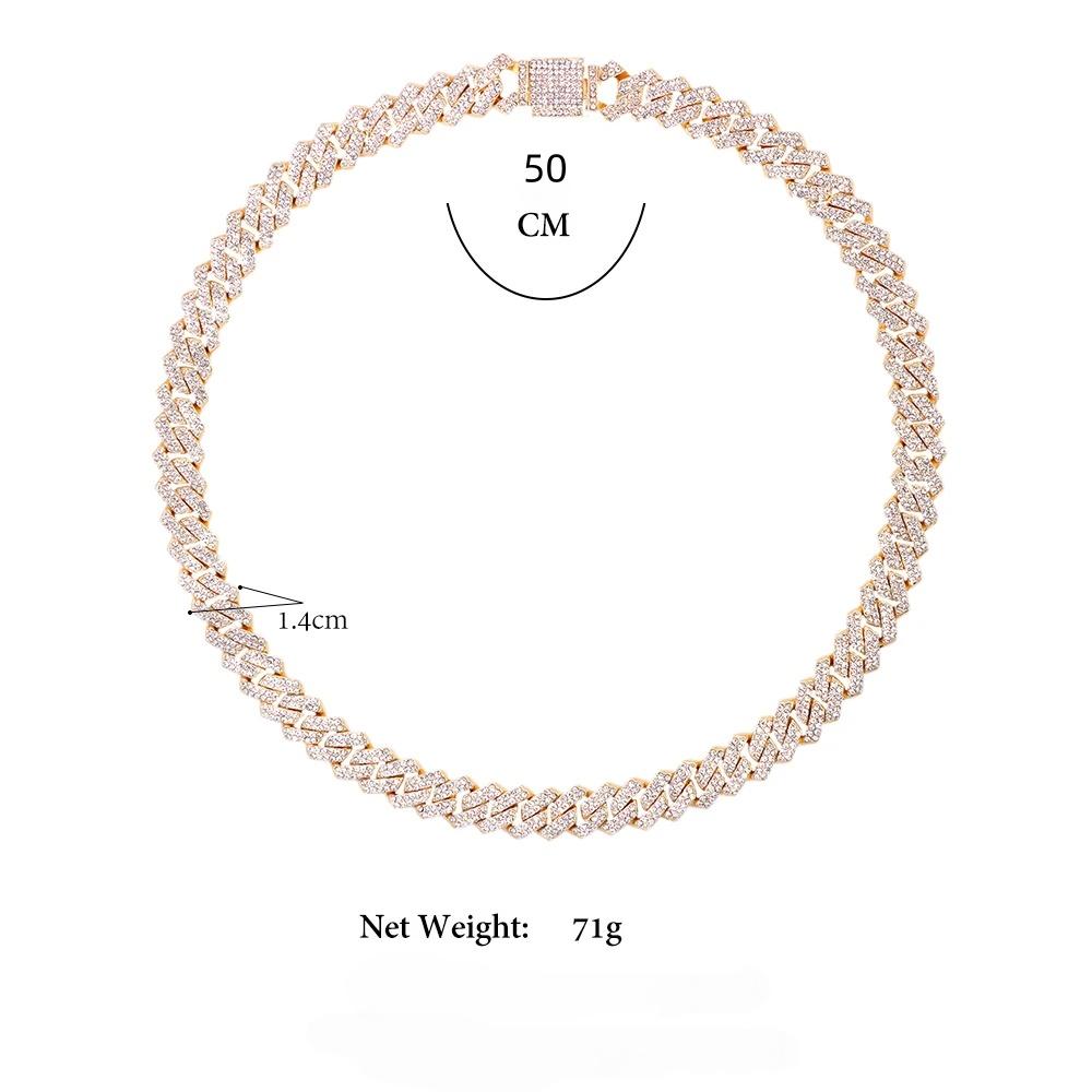 HipHop Men Women 14MM Prong Cuban Link Chain Necklace Bling Iced Out 2 Row Rhinestone Paved Miami Rhombus Cuban Necklace Jewelry