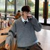 Autumn Winter 2025 Men's Casual Retro V-Neck Cardigan Sweater - Solid Color Knit Outerwear