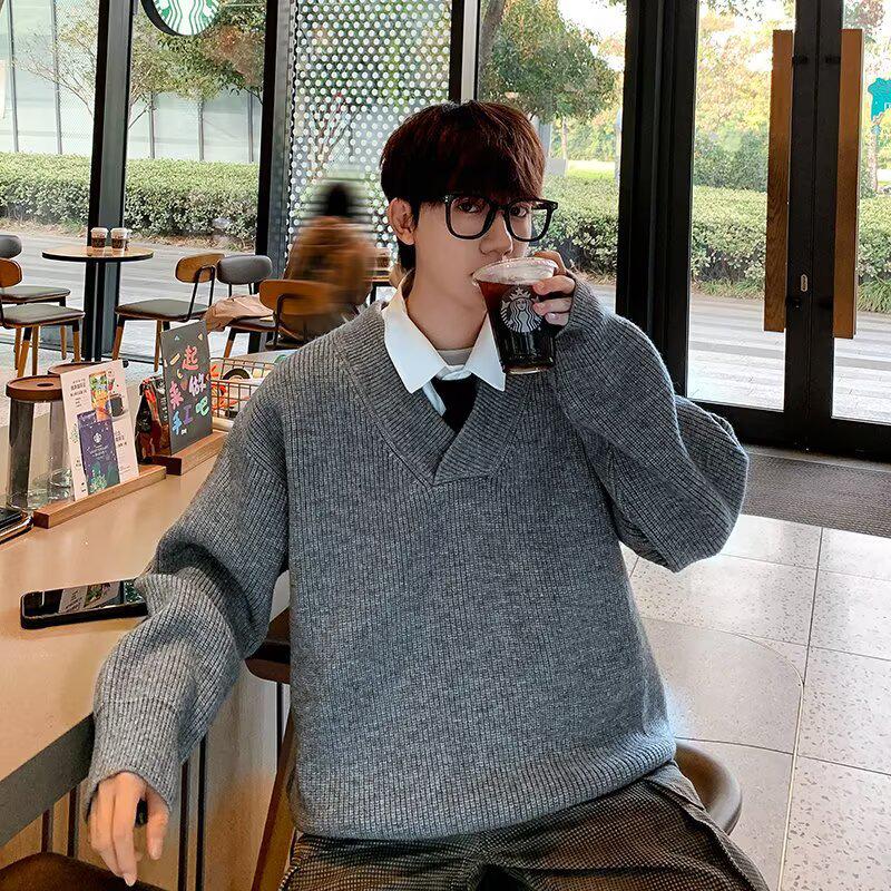 Autumn Winter 2025 Men's Casual Retro V-Neck Cardigan Sweater - Solid Color Knit Outerwear