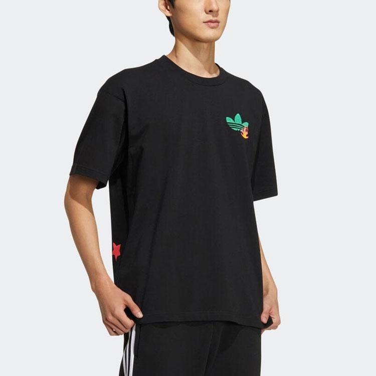 Adidas Logo Kreslený Vzor Vyšívané Tričko s Krátkým Rukávem a Kulatým Výstřihem Unisex Topy Černé HM8041