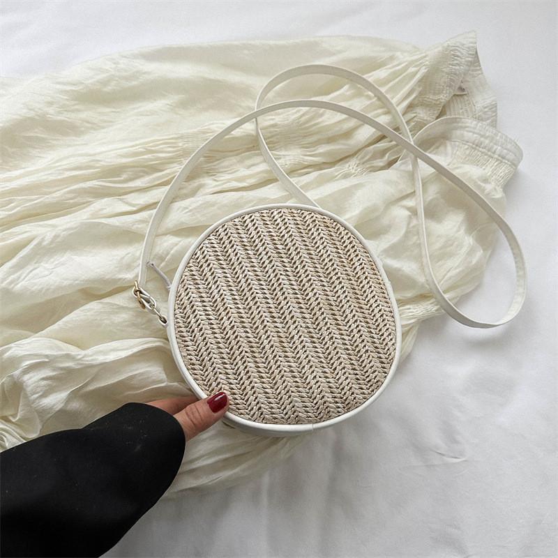 Chic Woven Round Crossbody Bag For Women In Creamy White And Khaki Stylish Casual Design