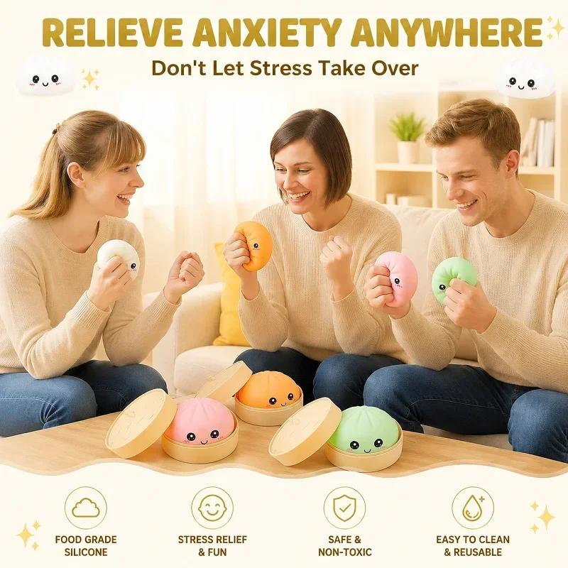 Glittrande Vattendroppe Dumpling Squishy-leksak med Sött Ansikte & Mini Ångkorg, Mjuk TPR Stresslindrande Klämleksak