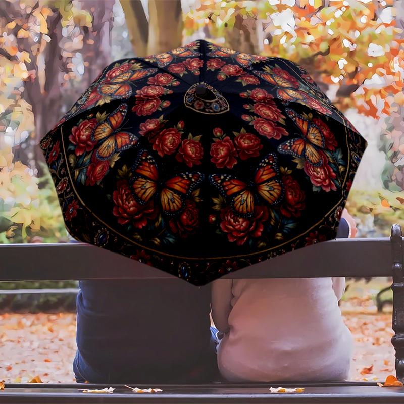 Butterfly Flower Circle (1) Printed Umbrella Windproof Folding Umbrella Portable Sun and Rain Umbrella Suitable for Gifting