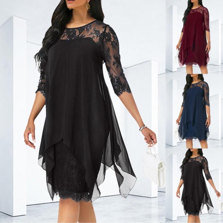 Robe en mousseline pour femme Élégante Longueur genou Tendance Manches 3/4 Mi-longue Robe en dentelle patchwork