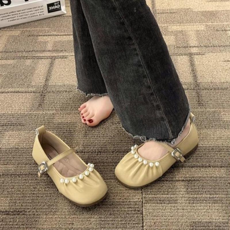 Ladies Footwear Low Heel Elegant Pearl Silver Square Toe Women's Flat Shoes Beau Today Price on Sale High Quality Fashion Dress