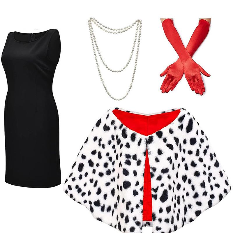 Cruella-Inspired Black & White Witch Costume Set: Shawl Cape, Dalmatian Wig, Gloves, Necklace, Party Dress.