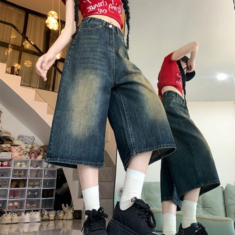 High Street Vintage Wide-Leg 7/10 Denim Capri Pants for Women Summer High-Waist Plus Size  Slimming Loose Straight Short Trousers