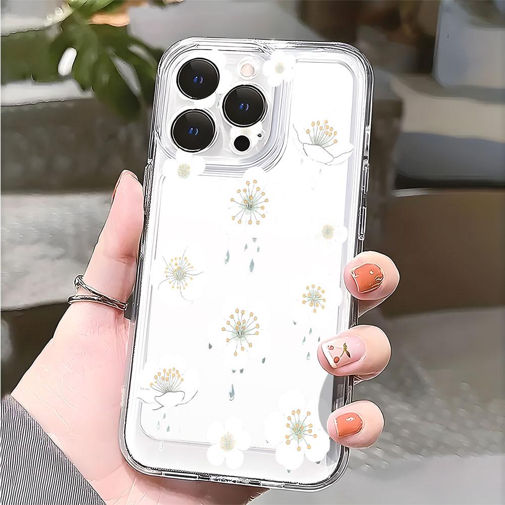 White Flowers with Dewdrops Lucency Phone Case for IPhone 14 15 16 13 12 11 17 Pro Max 12 13 Mini Soft Cover