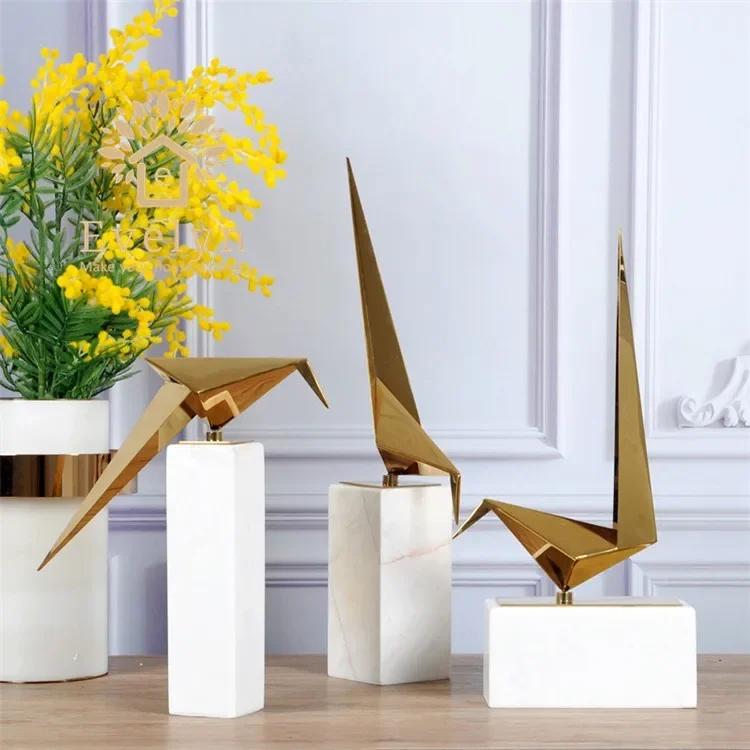 Креативные Модные Популярные Модные Украшения Классическая Нержавеющая Сталь Мраморное Основание Маленькое Животное Металлическая Птица Интерьер Настольный Декор large