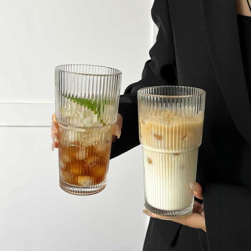 High-value Cold Drink Juice Coffee Cup with Lid and Straw, Vertical Striped Glass, Large Capacity Water Cup