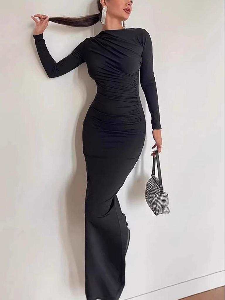 2026 European & American Slim Fit Solid Color Bodycon Dress - Long, Elegant, Temperamental, for Women: Spring/Autumn