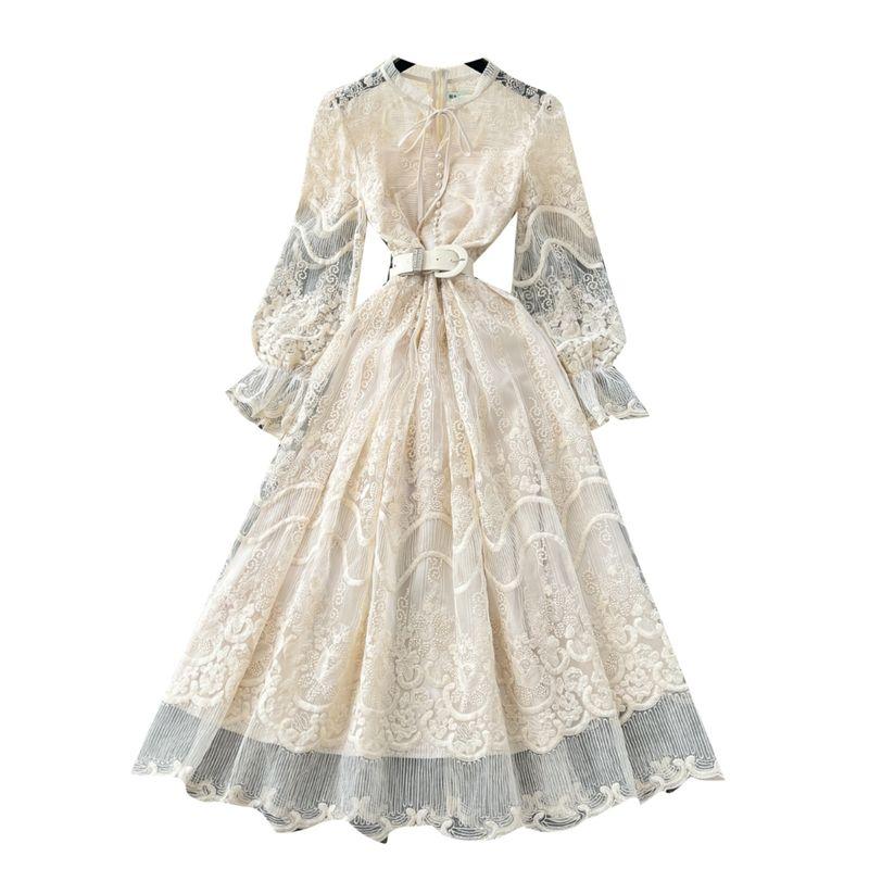 French style Elegant Dress Women Spring High-Grade Heavy Embroidery Mesh Waist Hugging Slimming Puffy Fairy Long Skirt