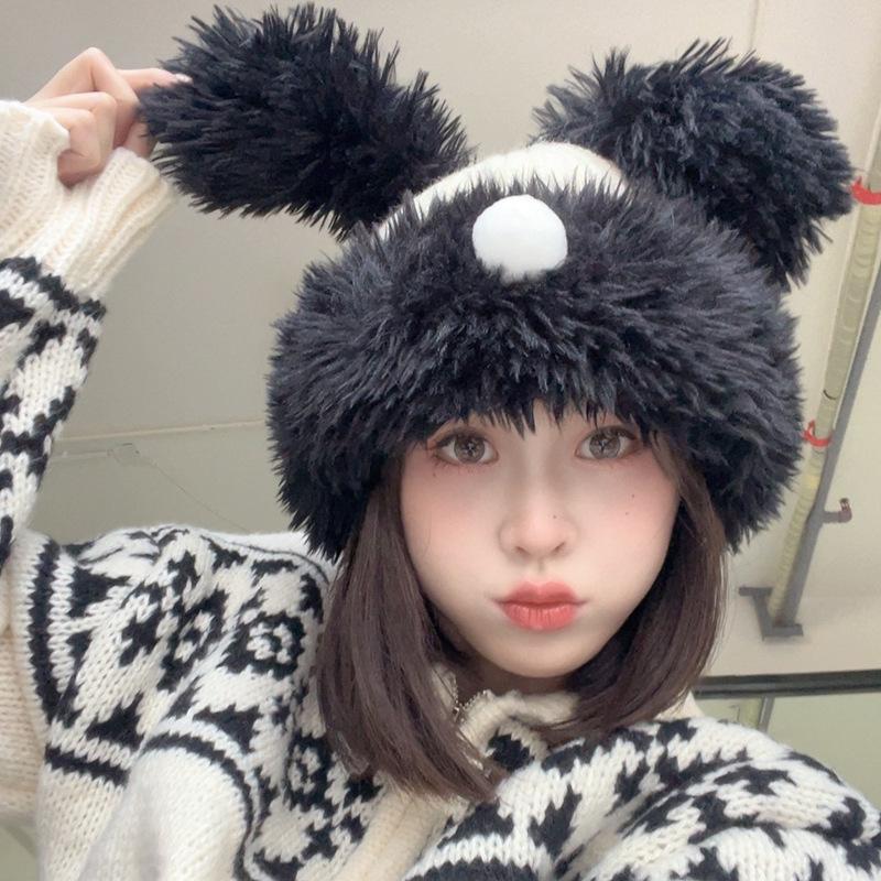 

Cute Cartoon Funny Puppy Hat Women s Eyes Long Ears Thickened Pullover Hat Autumn and Winter Warm and Cold Proof Plush Hat M（56-58cm）