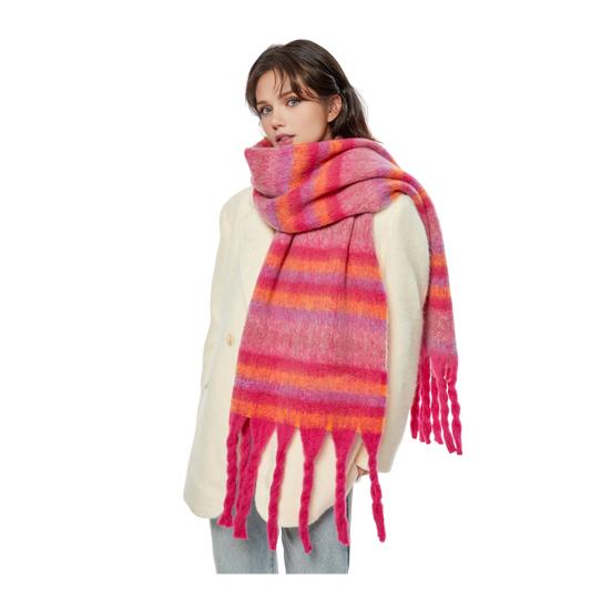 Winter Scarf Cashmere Feel Plush Scarf with Tassel Decoration Thickened Warm Plaid Pattern Winter Long Scarf