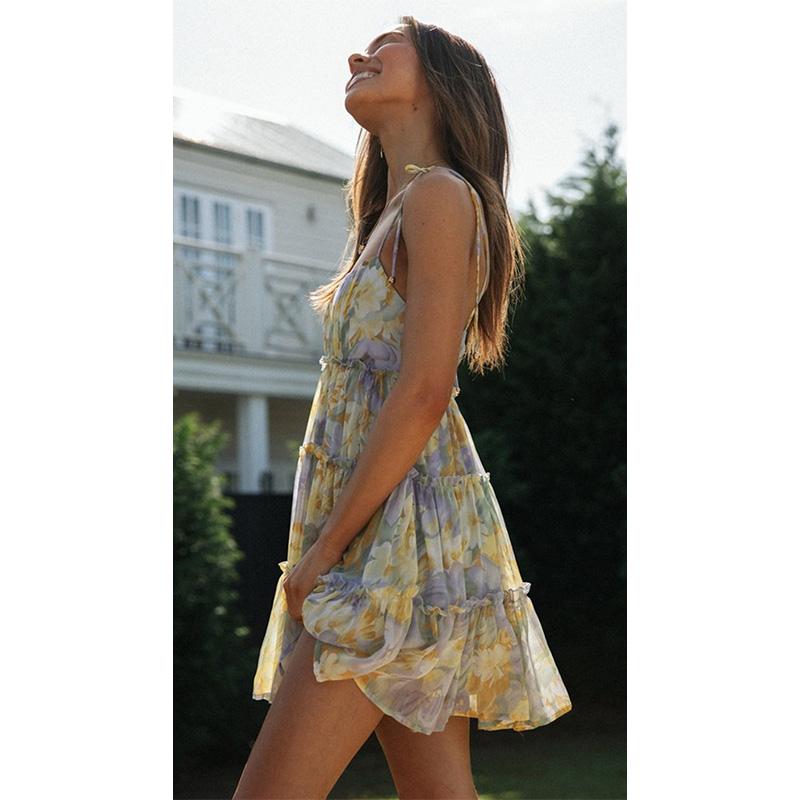 Women's Floral Print Cami Maxi Dress Tie Waist Flowy A-Line Beach Vacation