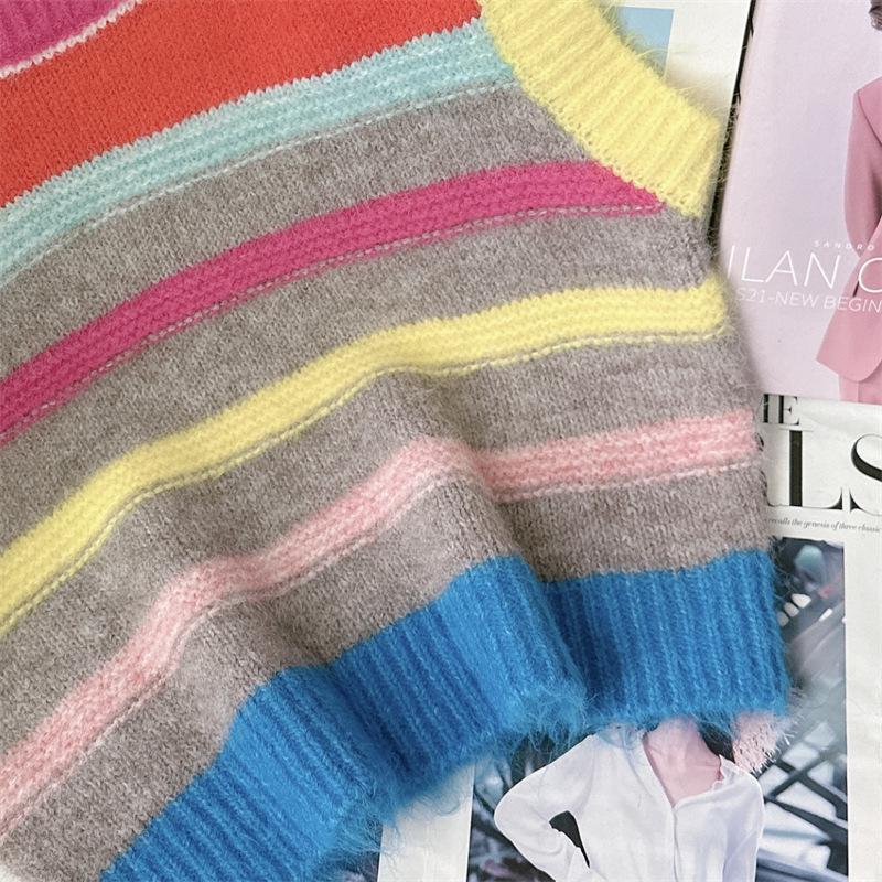 2025 Spring Women's Color Block Striped Crew Neck Knit Vest Sweater