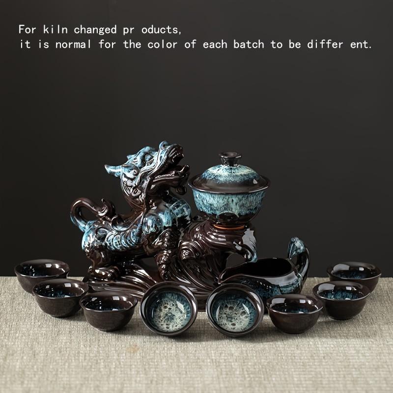 1 Set Lazy Tea Set Magnetic Water Diversion Rotating Gaiwan Tea Maker Automatic Brave Troops Retro Teapot Tea Cups Cover Bowl Rectangular Tea Tray Chi