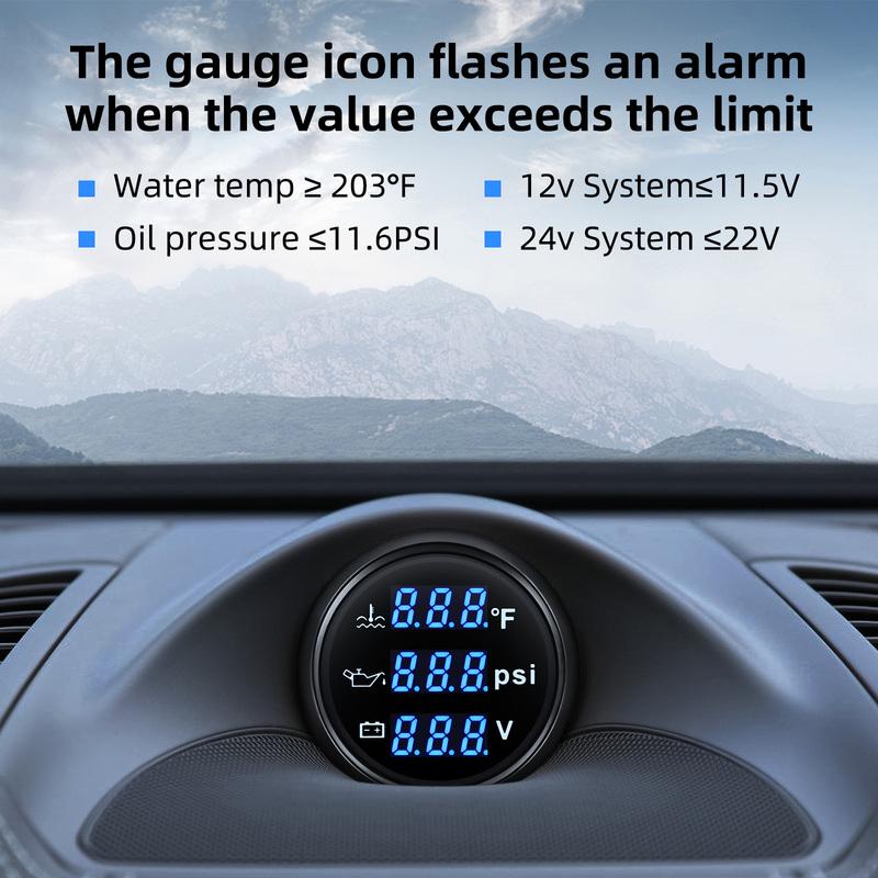 AD 52mm 3 in 1 Auto Gauge Water Temperature Oil Pressure Voltage With Alarm 1/8NPT Oil Press Water Temp Sensor For Car 12V 24V