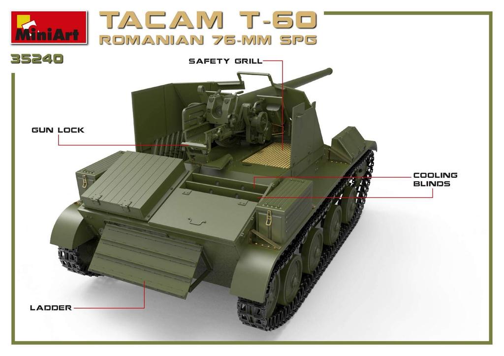 MiniArt Scale Romanian Army 76mm Artillery TACAM Full Interior Plastic Model Kit MA35240 1/35 Self-Propelled T-60