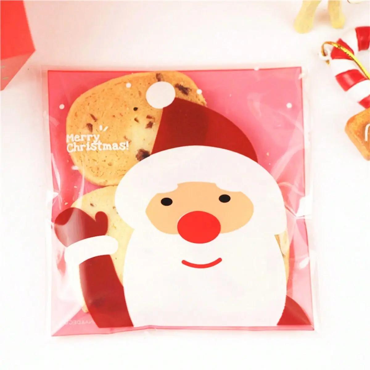 100pcs- Santa Cookie Hot Seal Bags Handmade Candy Nougat Biscuit Packaging Christmas New Year Party Decoration Supplies Zipper B Other