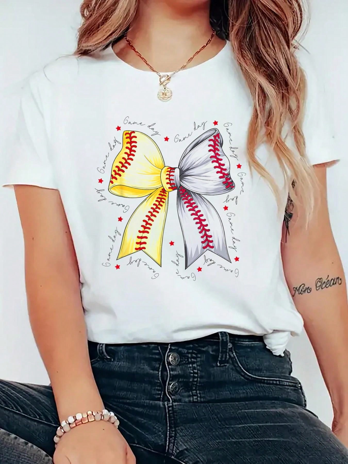 Baseball Bow Game Day Graphic T-shirt XL