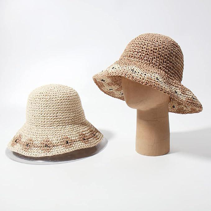 Cappello da sole a tesa larga da donna alla moda, intrecciato a mano in paglia, con visiera protettiva UV per vacanze all'aperto al mare