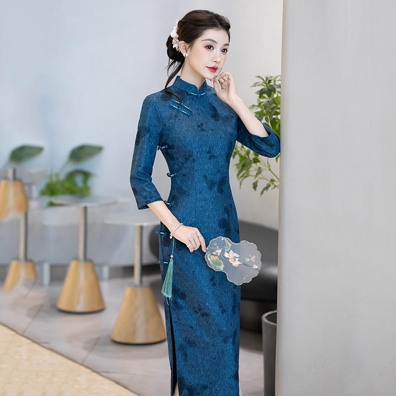 Purple Vintage-Inspired Long Sleeve Qipao Dress Women Slim Fit Wear Stand Collar Design