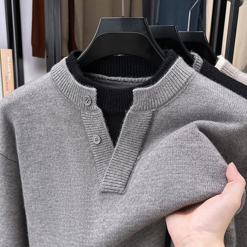 American Lazy Style Men's Patchwork Knitwear: Thick Warm Two-Piece Look Sweater for Autumn/Winter