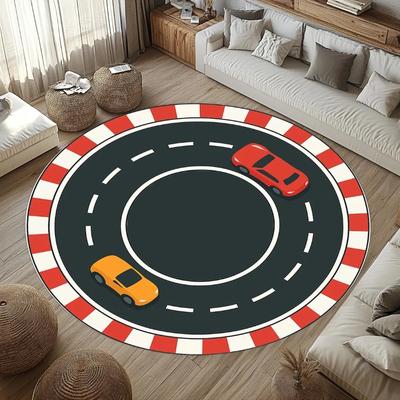 Kids Cartoon Race Car Track Round Rug Soft Non-Slip Play Mat Fun Vehicle Themed Floor Carpet for Bedroom Playroom