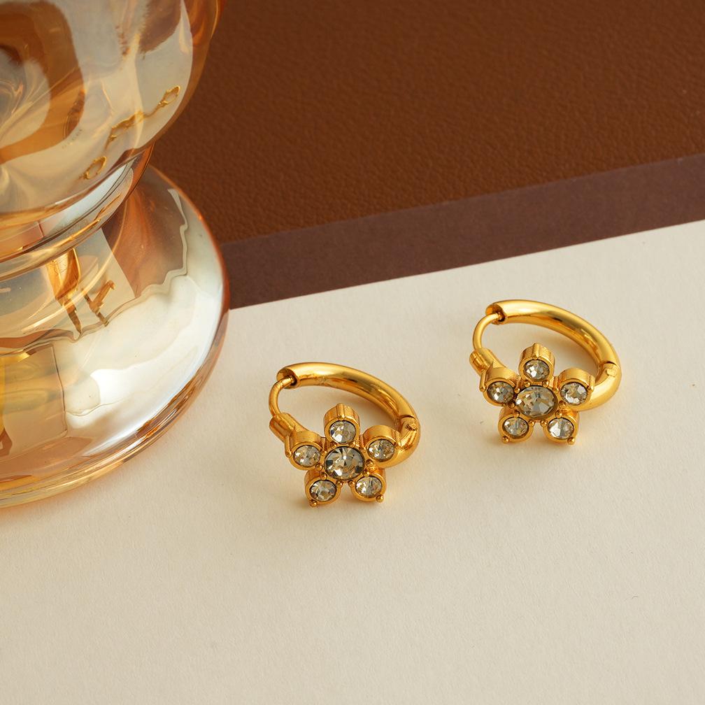 High-End Five-Petal Flower Zirconia Stud Earrings - Stainless Steel, INS Style, Simple & Versatile