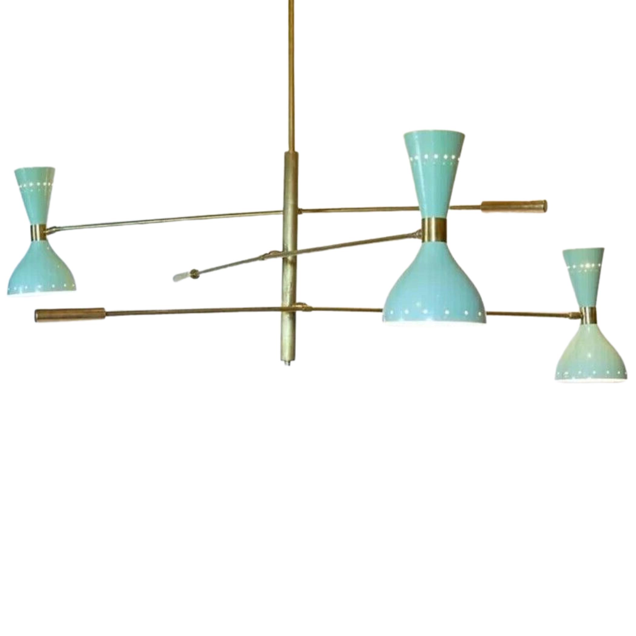 

Люстра с тремя рожками, регулируемая, ручной работы, латунь, патинированная в зеленый цвет - середина века