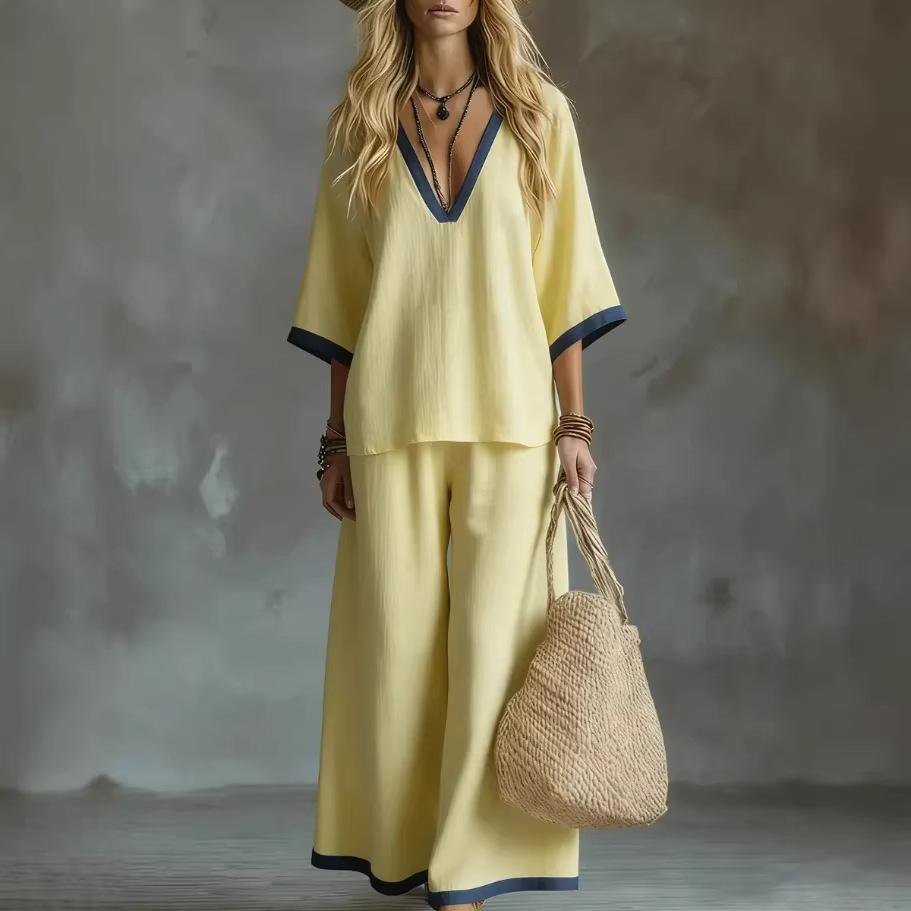 Women's Two Piece Set V Neck Wide Leg Pants with Contrast Trim