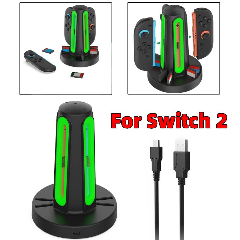 Magnetic Controller Charging Dock for Nintendo Switch 2 LED Controller Charger USB Charging Stand Station with Storage Card Slot