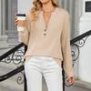 Women's Fashionable Solid Color V-neck Long Sleeved Button Casual Pullover Top