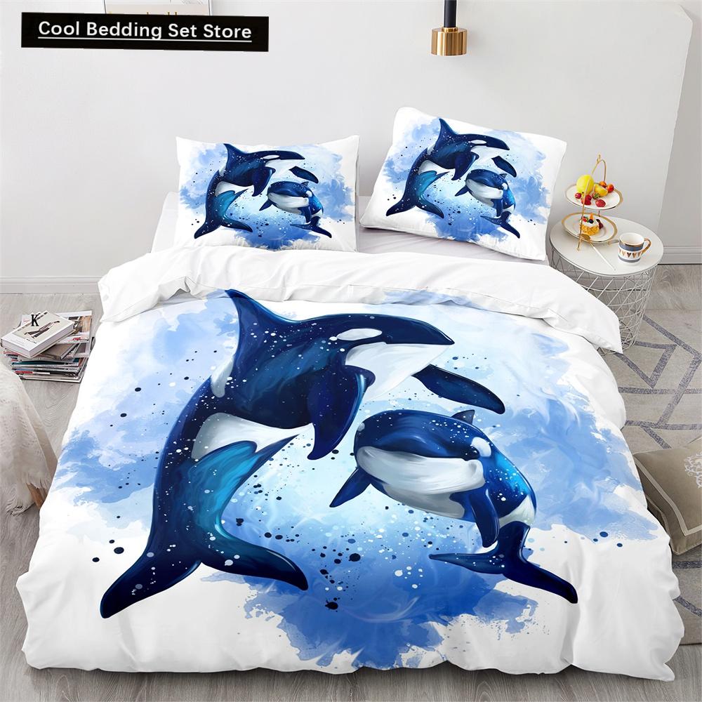 Delfin Bettbezug King Queen Größe Liebliches Meeresleben Bettwäscheset für Kinder Jungen Mädchen Niedliches Ozeantier 2/3-teilig Polyester Steppdeckenbezug