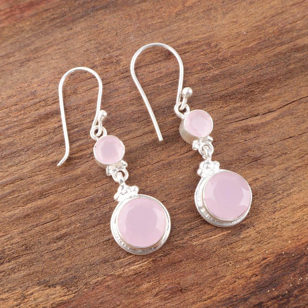 Rose Chalcedony Gemstone 925 Sterling Silver Handcrafted Jewelry Earrings 1.75" EE-160-16