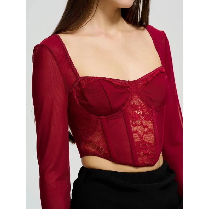 Women S Lace Mesh Panel Long Sleeve Square Neck Slim Fit Crop Top Vest